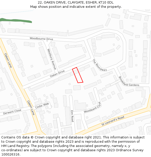 22, OAKEN DRIVE, CLAYGATE, ESHER, KT10 0DL: Location map and indicative extent of plot