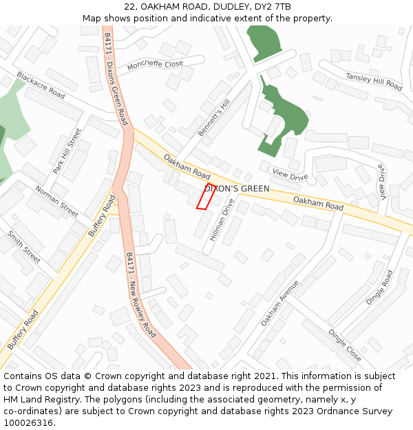 22, OAKHAM ROAD, DUDLEY, DY2 7TB: Location map and indicative extent of plot