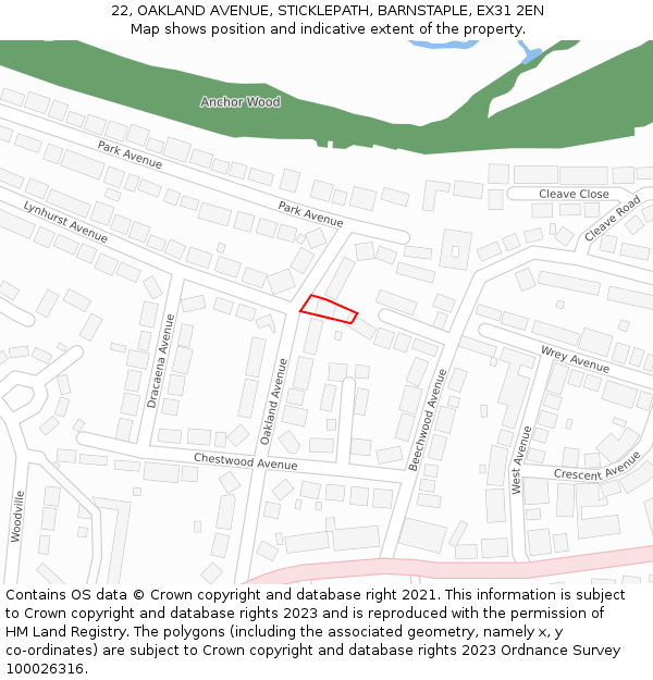 22, OAKLAND AVENUE, STICKLEPATH, BARNSTAPLE, EX31 2EN: Location map and indicative extent of plot
