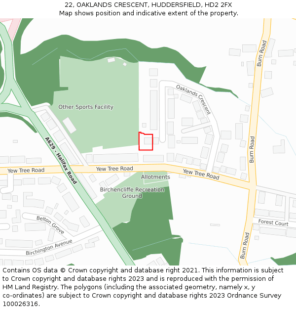 22, OAKLANDS CRESCENT, HUDDERSFIELD, HD2 2FX: Location map and indicative extent of plot