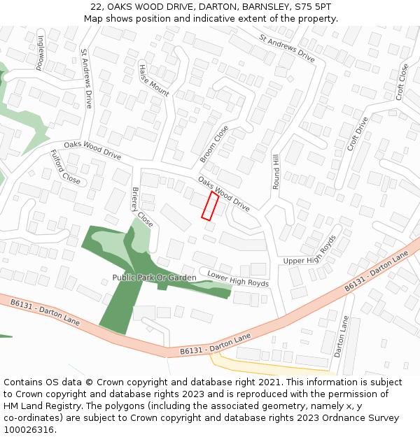 22, OAKS WOOD DRIVE, DARTON, BARNSLEY, S75 5PT: Location map and indicative extent of plot