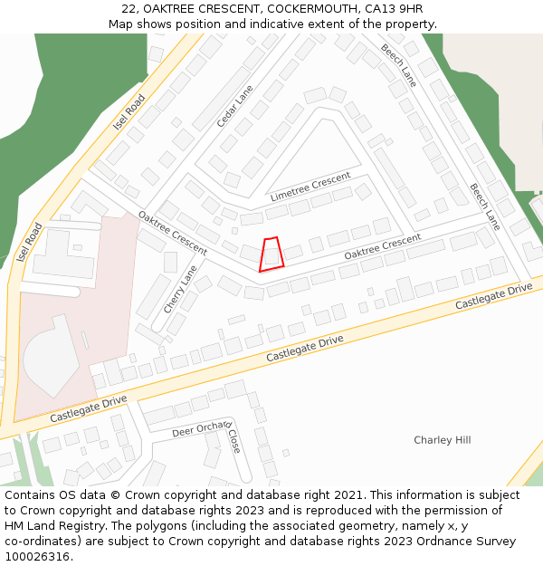 22, OAKTREE CRESCENT, COCKERMOUTH, CA13 9HR: Location map and indicative extent of plot
