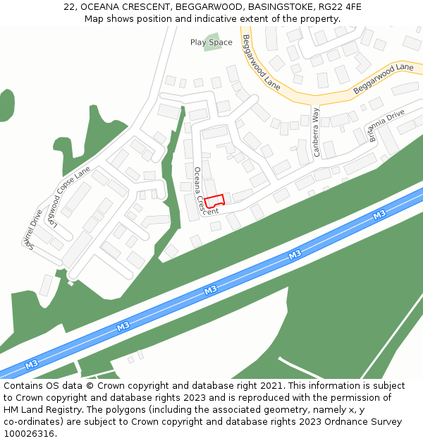 22, OCEANA CRESCENT, BEGGARWOOD, BASINGSTOKE, RG22 4FE: Location map and indicative extent of plot