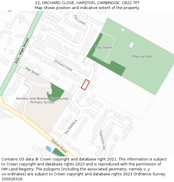 22, ORCHARD CLOSE, HARSTON, CAMBRIDGE, CB22 7PT: Location map and indicative extent of plot
