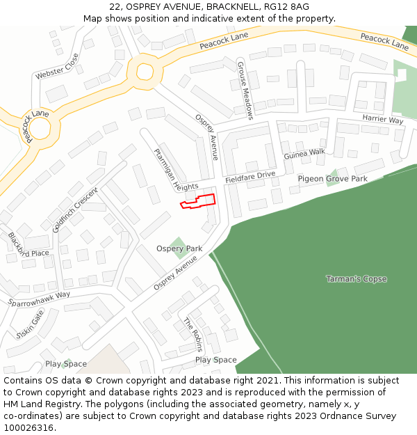 22, OSPREY AVENUE, BRACKNELL, RG12 8AG: Location map and indicative extent of plot