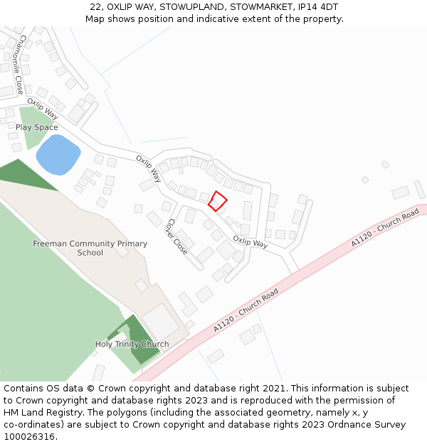 22, OXLIP WAY, STOWUPLAND, STOWMARKET, IP14 4DT: Location map and indicative extent of plot