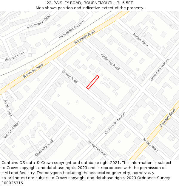 22, PAISLEY ROAD, BOURNEMOUTH, BH6 5ET: Location map and indicative extent of plot