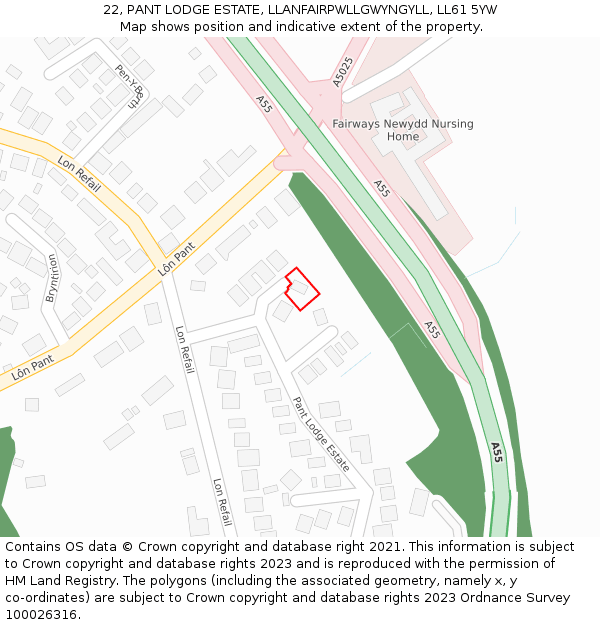 22, PANT LODGE ESTATE, LLANFAIRPWLLGWYNGYLL, LL61 5YW: Location map and indicative extent of plot