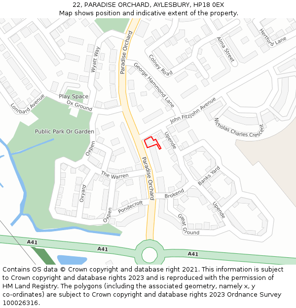 22, PARADISE ORCHARD, AYLESBURY, HP18 0EX: Location map and indicative extent of plot