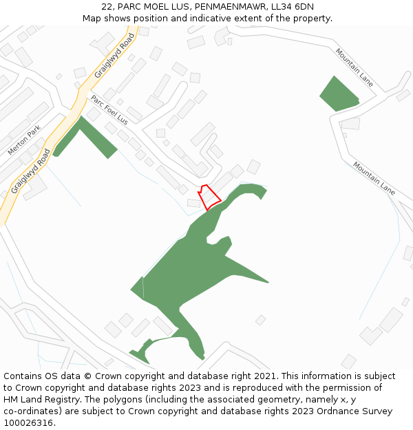 22, PARC MOEL LUS, PENMAENMAWR, LL34 6DN: Location map and indicative extent of plot
