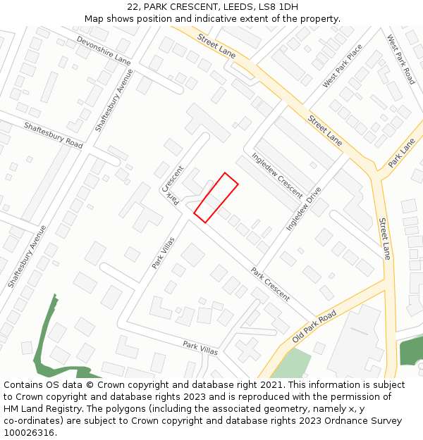 22, PARK CRESCENT, LEEDS, LS8 1DH: Location map and indicative extent of plot