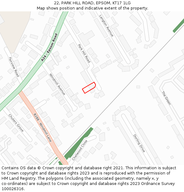 22, PARK HILL ROAD, EPSOM, KT17 1LG: Location map and indicative extent of plot