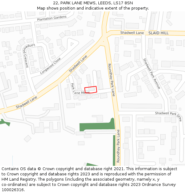 22, PARK LANE MEWS, LEEDS, LS17 8SN: Location map and indicative extent of plot
