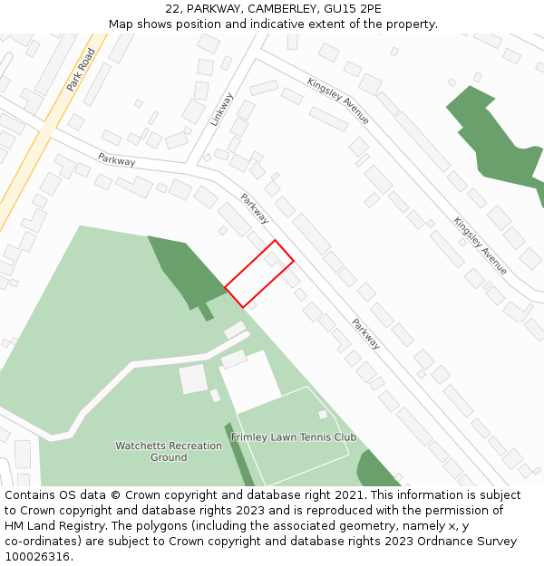 22, PARKWAY, CAMBERLEY, GU15 2PE: Location map and indicative extent of plot
