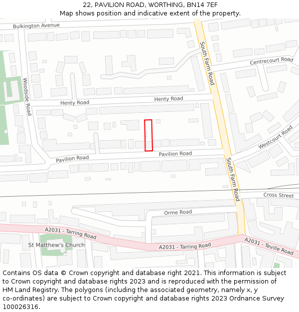 22, PAVILION ROAD, WORTHING, BN14 7EF: Location map and indicative extent of plot