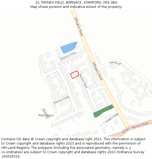 22, PAYNES FIELD, BARNACK, STAMFORD, PE9 3BG: Location map and indicative extent of plot