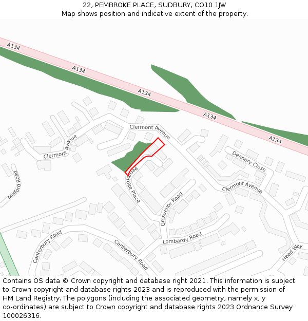 22, PEMBROKE PLACE, SUDBURY, CO10 1JW: Location map and indicative extent of plot