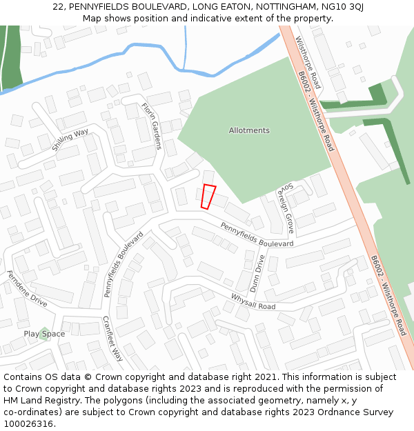 22, PENNYFIELDS BOULEVARD, LONG EATON, NOTTINGHAM, NG10 3QJ: Location map and indicative extent of plot