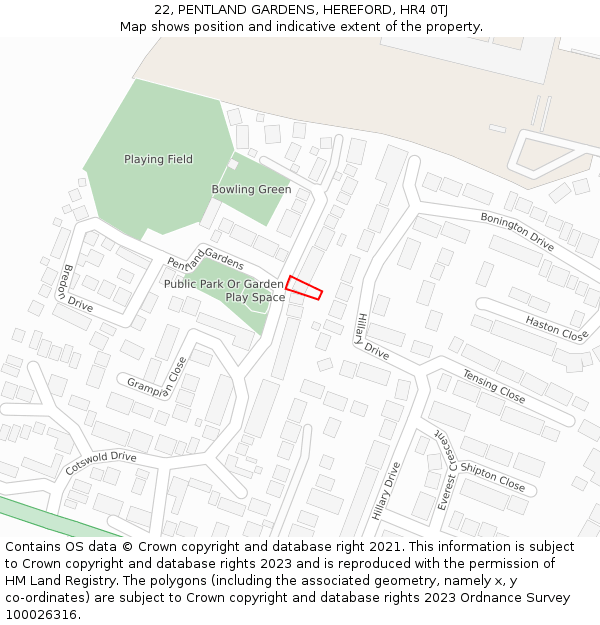 22, PENTLAND GARDENS, HEREFORD, HR4 0TJ: Location map and indicative extent of plot