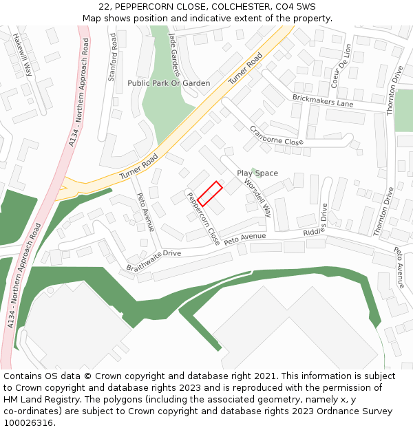 22, PEPPERCORN CLOSE, COLCHESTER, CO4 5WS: Location map and indicative extent of plot