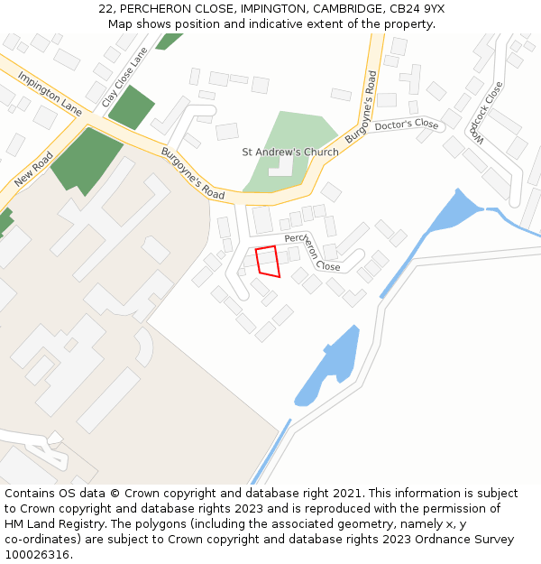 22, PERCHERON CLOSE, IMPINGTON, CAMBRIDGE, CB24 9YX: Location map and indicative extent of plot