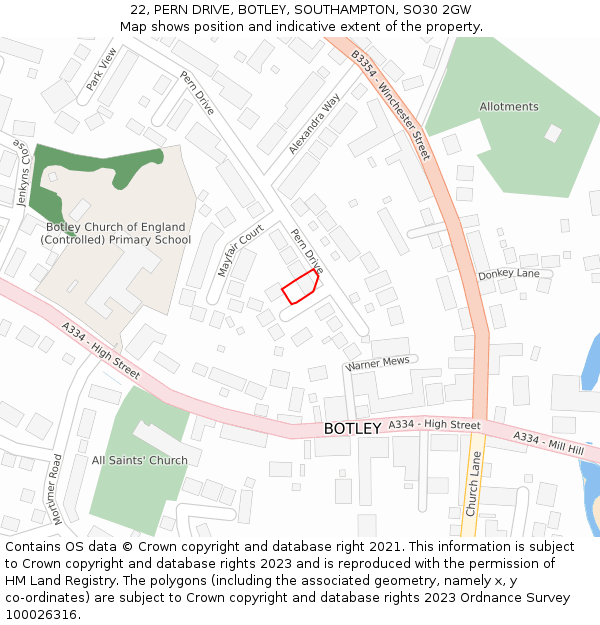 22, PERN DRIVE, BOTLEY, SOUTHAMPTON, SO30 2GW: Location map and indicative extent of plot