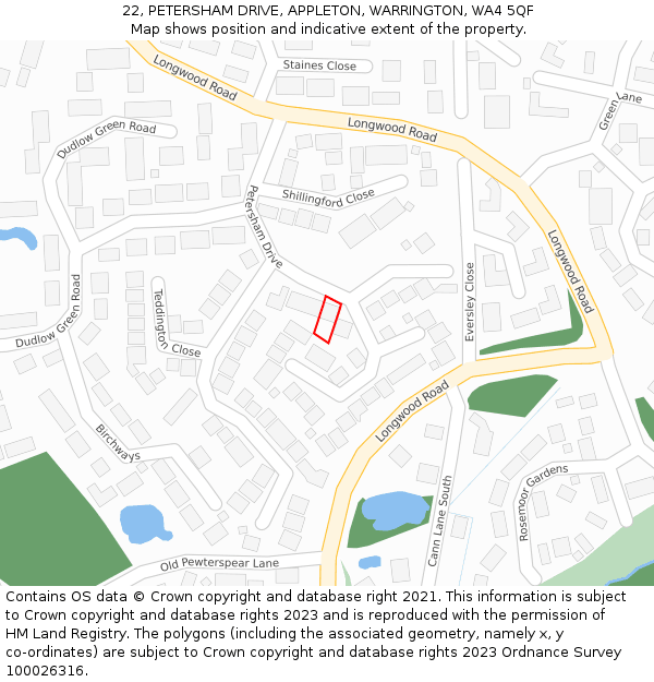 22, PETERSHAM DRIVE, APPLETON, WARRINGTON, WA4 5QF: Location map and indicative extent of plot