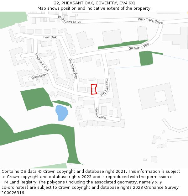 22, PHEASANT OAK, COVENTRY, CV4 9XJ: Location map and indicative extent of plot