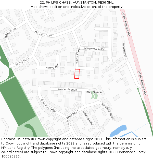 22, PHILIPS CHASE, HUNSTANTON, PE36 5NL: Location map and indicative extent of plot