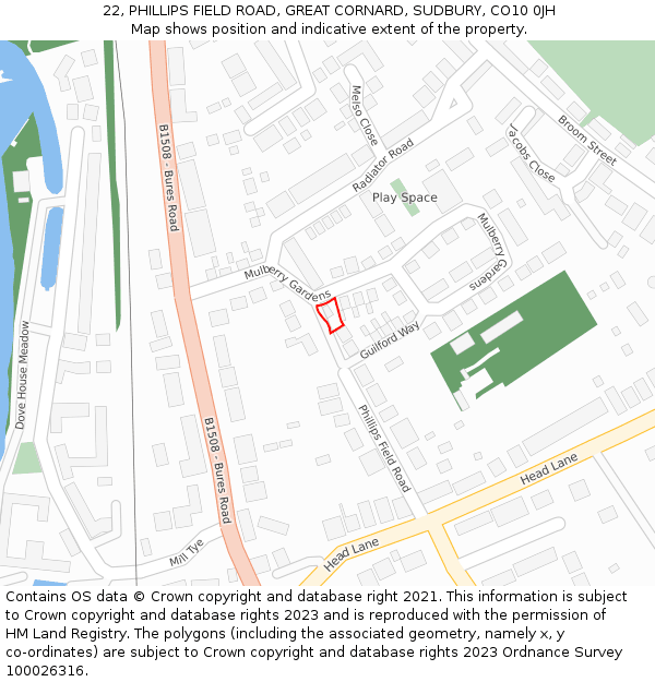 22, PHILLIPS FIELD ROAD, GREAT CORNARD, SUDBURY, CO10 0JH: Location map and indicative extent of plot