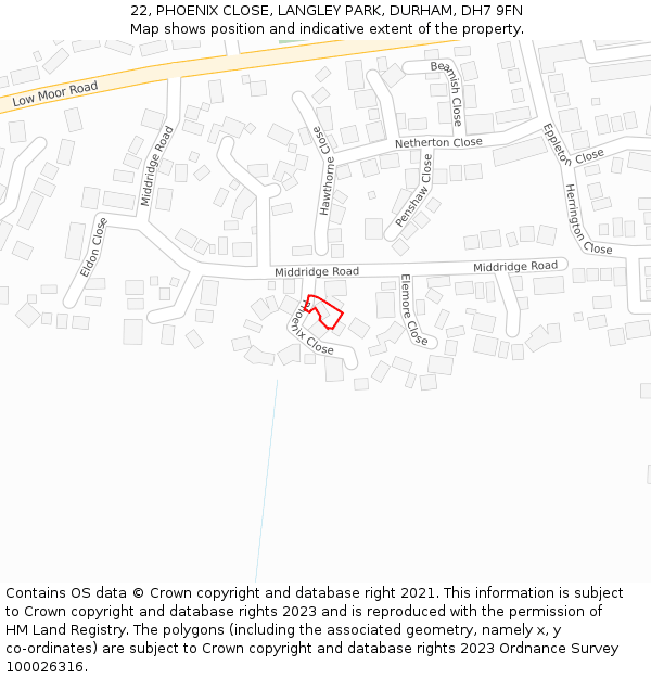 22, PHOENIX CLOSE, LANGLEY PARK, DURHAM, DH7 9FN: Location map and indicative extent of plot