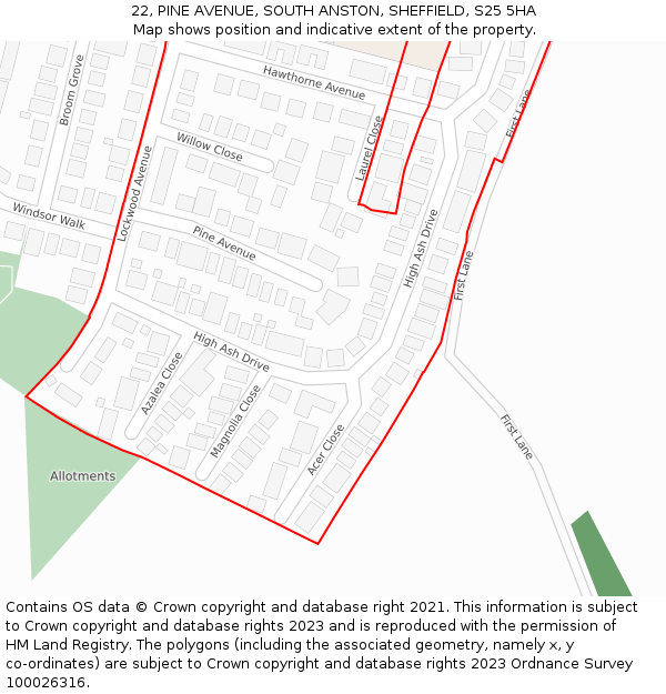 22, PINE AVENUE, SOUTH ANSTON, SHEFFIELD, S25 5HA: Location map and indicative extent of plot