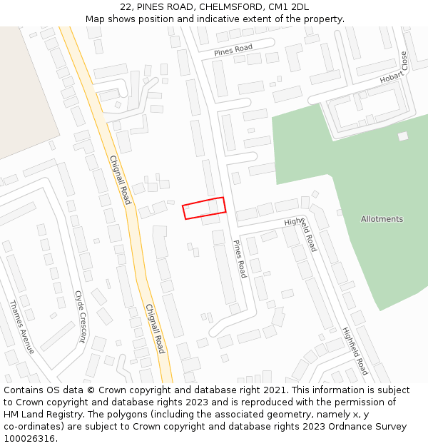 22, PINES ROAD, CHELMSFORD, CM1 2DL: Location map and indicative extent of plot