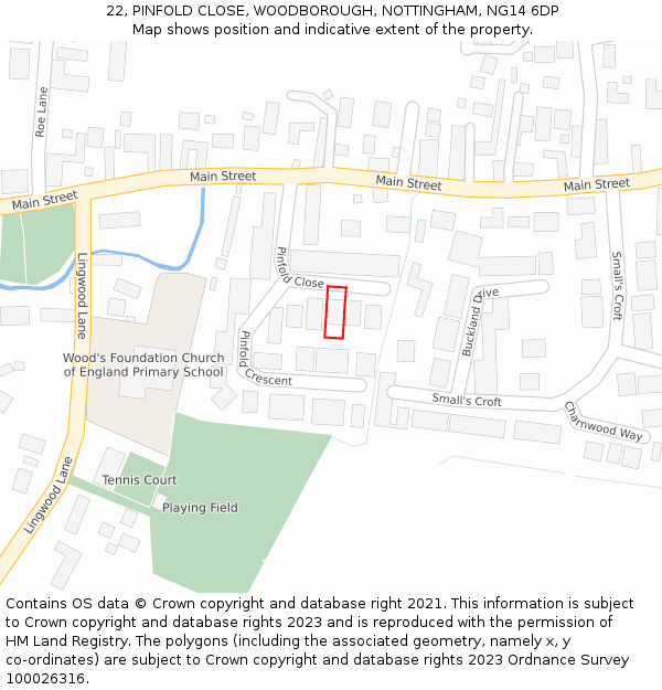 22, PINFOLD CLOSE, WOODBOROUGH, NOTTINGHAM, NG14 6DP: Location map and indicative extent of plot