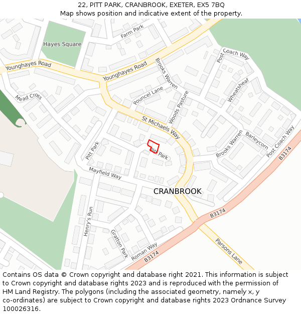 22, PITT PARK, CRANBROOK, EXETER, EX5 7BQ: Location map and indicative extent of plot