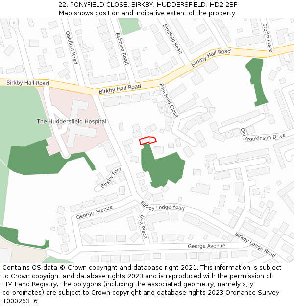 22, PONYFIELD CLOSE, BIRKBY, HUDDERSFIELD, HD2 2BF: Location map and indicative extent of plot