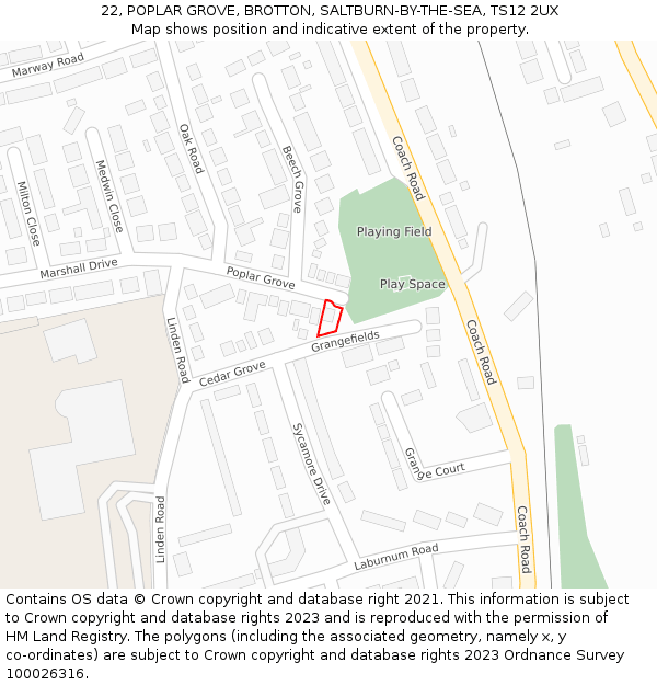 22, POPLAR GROVE, BROTTON, SALTBURN-BY-THE-SEA, TS12 2UX: Location map and indicative extent of plot