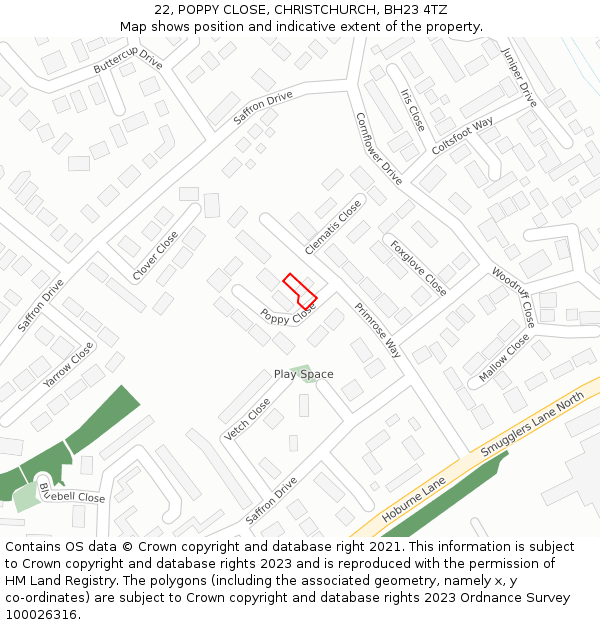 22, POPPY CLOSE, CHRISTCHURCH, BH23 4TZ: Location map and indicative extent of plot