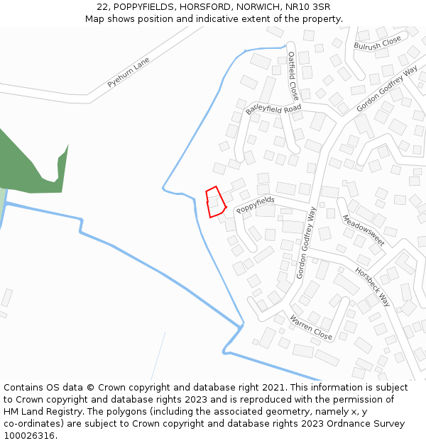 22, POPPYFIELDS, HORSFORD, NORWICH, NR10 3SR: Location map and indicative extent of plot