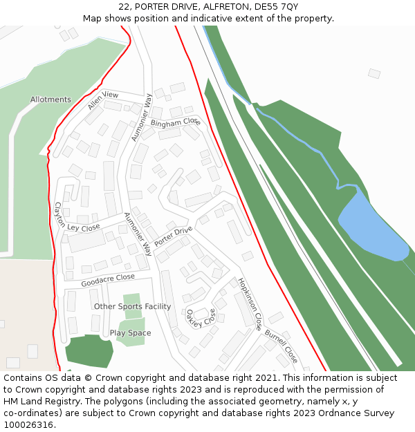 22, PORTER DRIVE, ALFRETON, DE55 7QY: Location map and indicative extent of plot