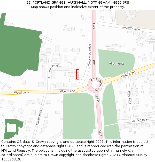 22, PORTLAND GRANGE, HUCKNALL, NOTTINGHAM, NG15 6RS: Location map and indicative extent of plot