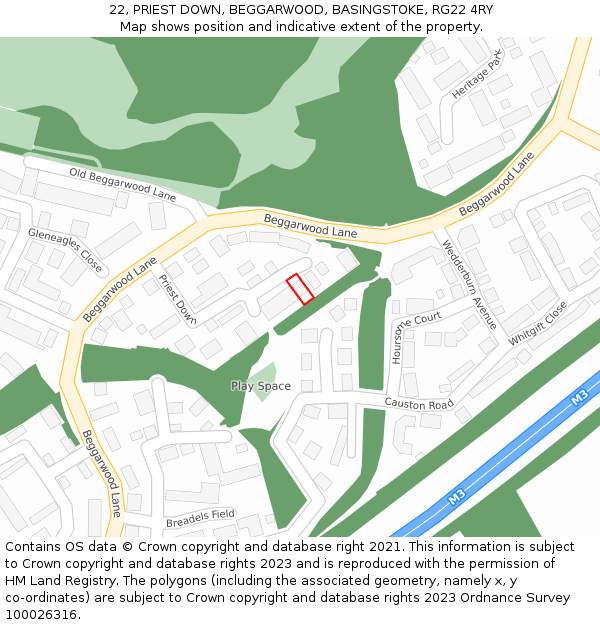 22, PRIEST DOWN, BEGGARWOOD, BASINGSTOKE, RG22 4RY: Location map and indicative extent of plot