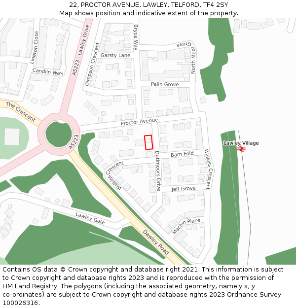22, PROCTOR AVENUE, LAWLEY, TELFORD, TF4 2SY: Location map and indicative extent of plot