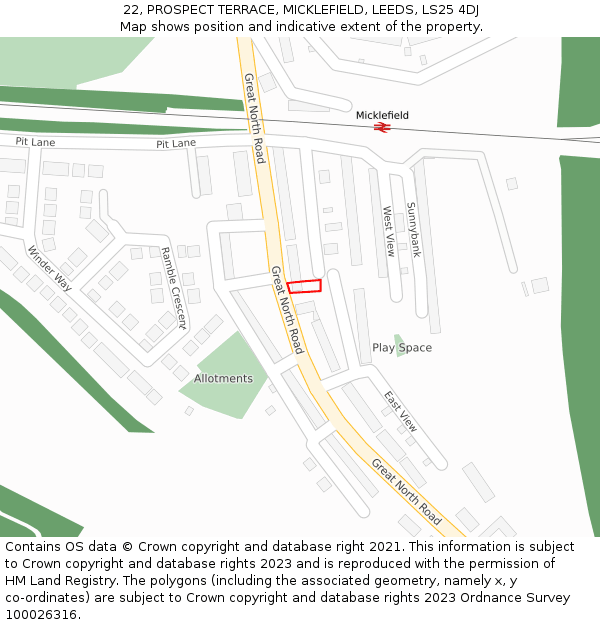 22, PROSPECT TERRACE, MICKLEFIELD, LEEDS, LS25 4DJ: Location map and indicative extent of plot