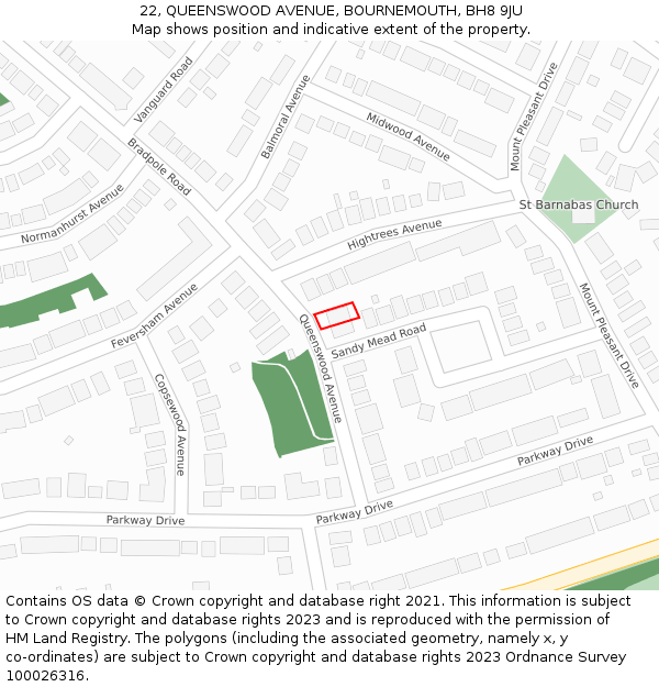 22, QUEENSWOOD AVENUE, BOURNEMOUTH, BH8 9JU: Location map and indicative extent of plot