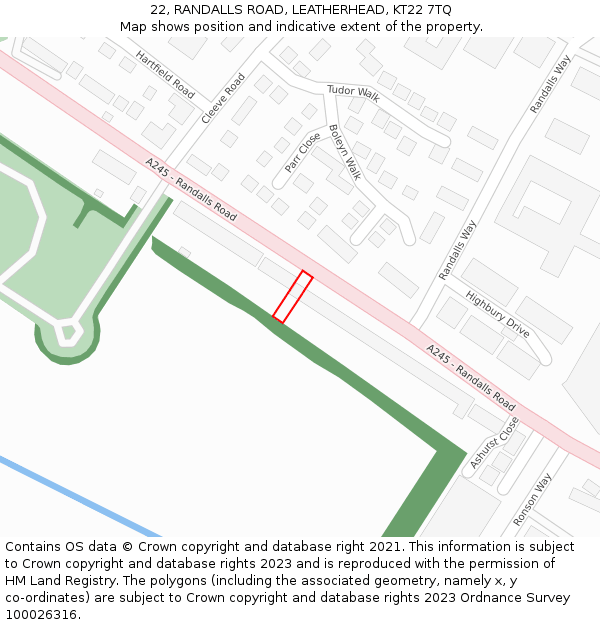 22, RANDALLS ROAD, LEATHERHEAD, KT22 7TQ: Location map and indicative extent of plot