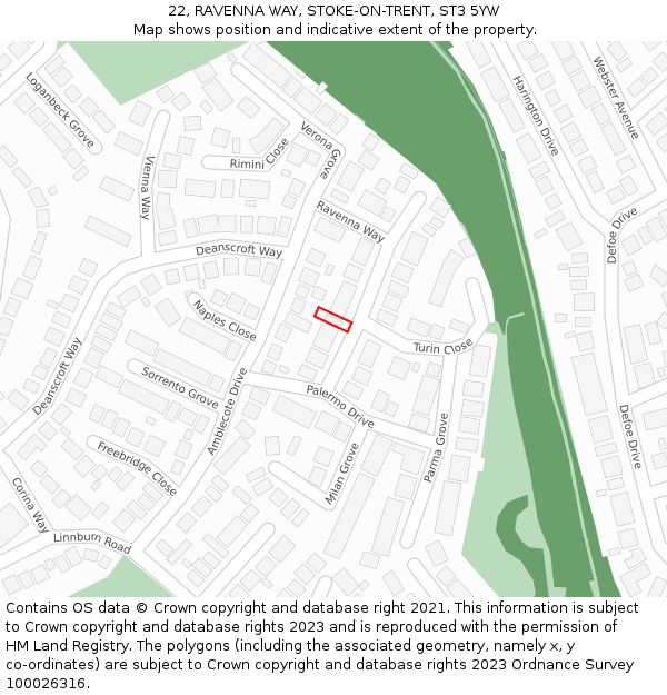 22, RAVENNA WAY, STOKE-ON-TRENT, ST3 5YW: Location map and indicative extent of plot