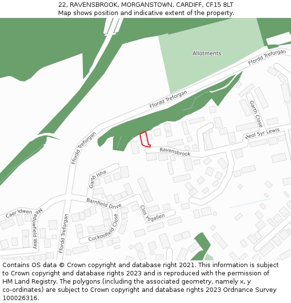 22, RAVENSBROOK, MORGANSTOWN, CARDIFF, CF15 8LT: Location map and indicative extent of plot