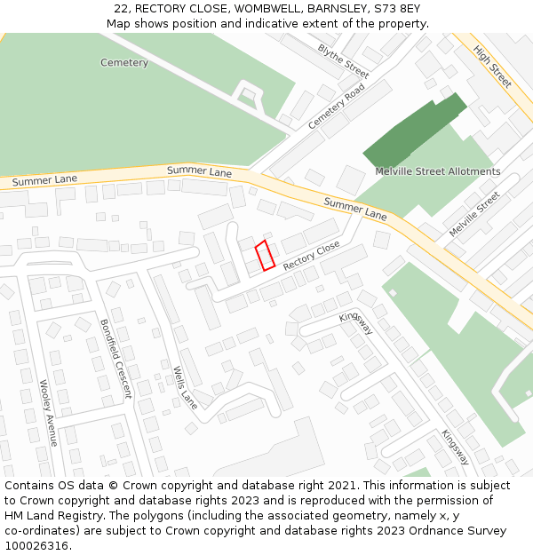 22, RECTORY CLOSE, WOMBWELL, BARNSLEY, S73 8EY: Location map and indicative extent of plot