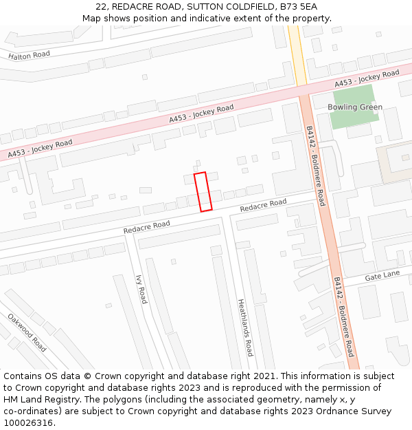 22, REDACRE ROAD, SUTTON COLDFIELD, B73 5EA: Location map and indicative extent of plot